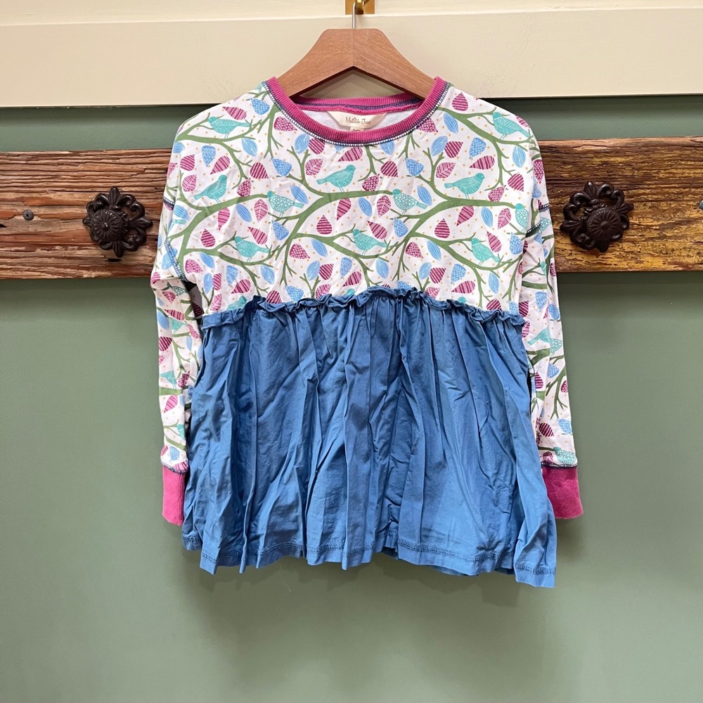 Matilda Jane Kids Blue Bird Nature Print Ruffle Tunic Top Size 8 Long Sleeve